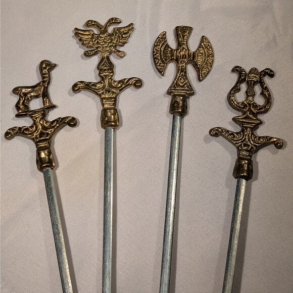 8 Vintage MCM Grecian Minoan 16" Solid Brass & Steel BBQ Shish Kebab Skewer Set - Picture 5 of 9